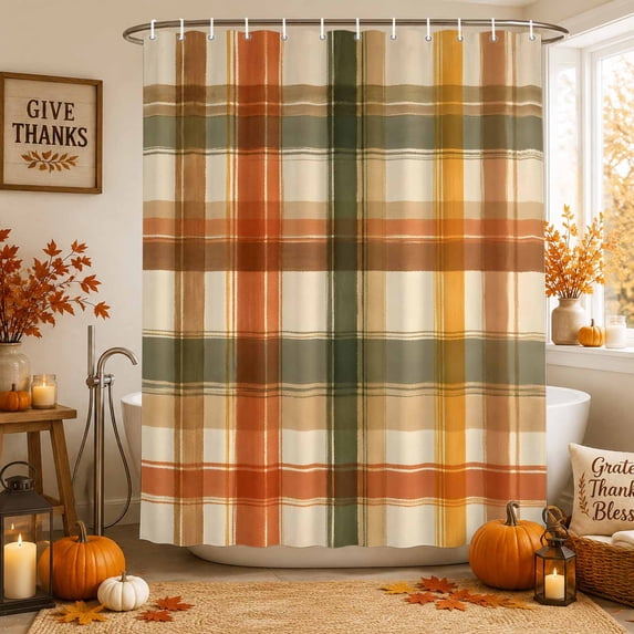 Orange Green Checked Shower Curtains for Bathroom, Fall Thanksgiving Buffalo Plaid Waterproof Fabric Shower Curtain, Decorative Bathroom Curtain for Bathtub, 36"x72", No Hooks Included