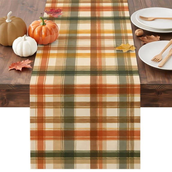 Orange Green Checked Table Runner - 48 Inch Long Fall Thanksgiving Buffalo Plaid Cotton and Linen Blended Dress Scarves Farmhouse Table Runner for Kitchen Dining, Coffee Table, 13" x 48"