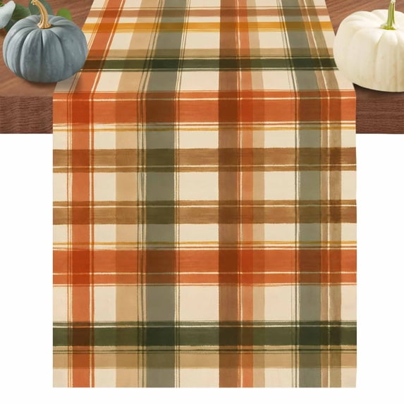 Orange Green Checked Table Runner 70 Inches Long, Fall Thanksgiving Buffalo Plaid Cotton Linen Table Runners Dresser Scarves, Decorative Fabric Tabletop Scarf Furniture Cover for Dinner Party 13"x70"