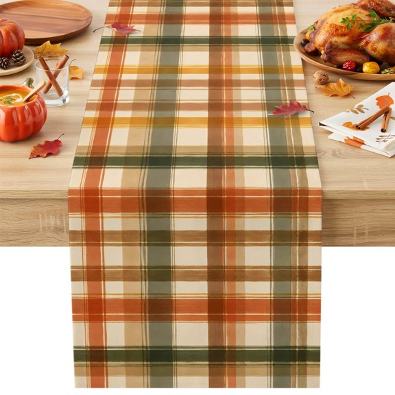 Orange Green Checked Table Runner, Fall Thanksgiving Buffalo Plaid Washable Cotton Linen Table Runners 72 Inches Long, Dresser Scarf Runner for Dining/Coffee/Kitchen/TV Stands/Cabinets 13''x72''