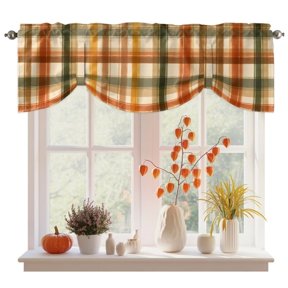 Orange Green Checked Tie Up Valance Curtains for Windows, Kitchen Curtains Window Treatments, Fall Thanksgiving Buffalo Plaid Short Window Shades Valances for Bedroom Bathroom Cafe 54"x18"