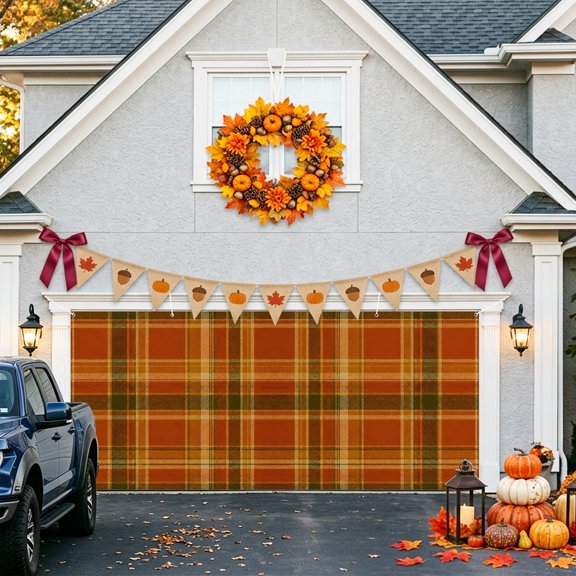 Orange Green Checkered Garage Door Banner Covers, Country Vintage Farmhouse Classic Plaid Grid Large Hanging Indoor/Outdoor Backdrop Background for Christmas Winter Party Decor, 6.9x16ft