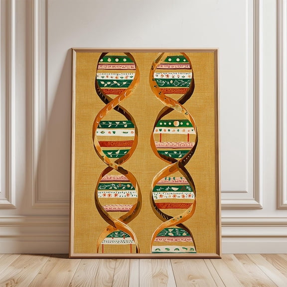 Orange Green DNA Helix Patterned Science Minimal Graphic Wall Art Unframed Paper Print