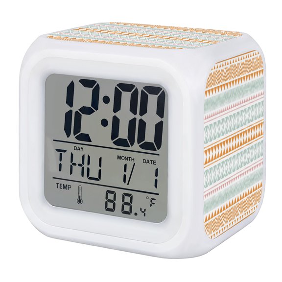 Orange Green Ethnic Tribe Digital Alarm Clock for Bedrooms, Smart LED Alarm Clock with 7 Color Changing Night Light, Boho Traditional Geometric Silent Wake Up Clocks for Sleep Study Cooking 3.2"x3.2"