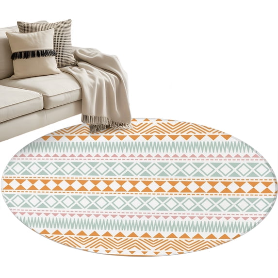 Orange Green Ethnic Tribe Round Rug 3ft Area Rug Washable Soft Non-Slip 3' Circle Low Pile Rugs Boho Traditional Geometric Carpet for Bedroom Living Room Entryway Home Office Dining Room