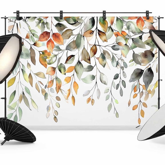 Orange Green Eucalyptus Leaves Backdrop for Photoshoot,Photography Photo Studio Background Wall Backdrop,Fall Botanical Watercolor Back Drop Banner Panel for Portraits Wedding Live Streaming 8x6Ft