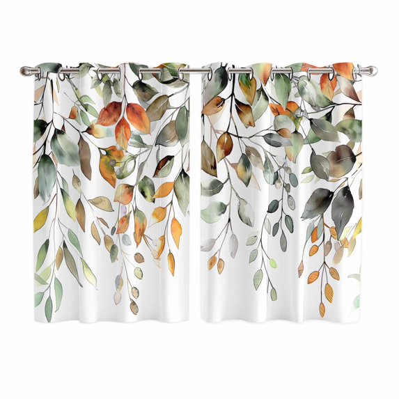 Orange Green Eucalyptus Leaves Kitchen Curtains 63 Inch Length, Fall Botanical Watercolor Grommet Top Bedroom Living Room Curtains, Light Filtering Cafe Curtain Drapes 2 Panels Set 104''x63''