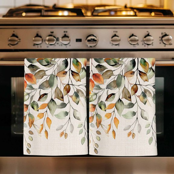 Orange Green Eucalyptus Leaves Kitchen Towels Set of 2, Fall Botanical Rustic Absorbent Dish Towels for Kitchen, Microfiber Hand Towel, Quick Drying Tea Towel for Cleaning Decorative Dishcloths