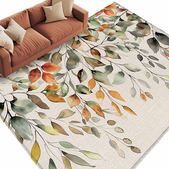 Orange Green Eucalyptus Leaves Large Area Rugs for Bedroom Living Room, Soft Non Slip Carpet Bedside Rug, Fall Botanical Rustic Rectangular Floor Cover Kitchen Accent Rug 5'x8' for Dining Room/Office