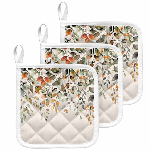 Orange Green Eucalyptus Leaves Pot Holders for Kitchen Heatproof Potholder, 3 Pack Fall Botanical Rustic Hot Pads Multipurpose Oven Pads Cloth Potholders Trivet for Cooking Baking