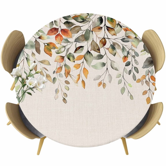Orange Green Eucalyptus Leaves Round Tablecloth 36-44 Inch Round Fitted Table Cloth with Elastic Edge, Fall Botanical Rustic Waterproof Table Cover Protector for Outdoor Picnic Party Dining