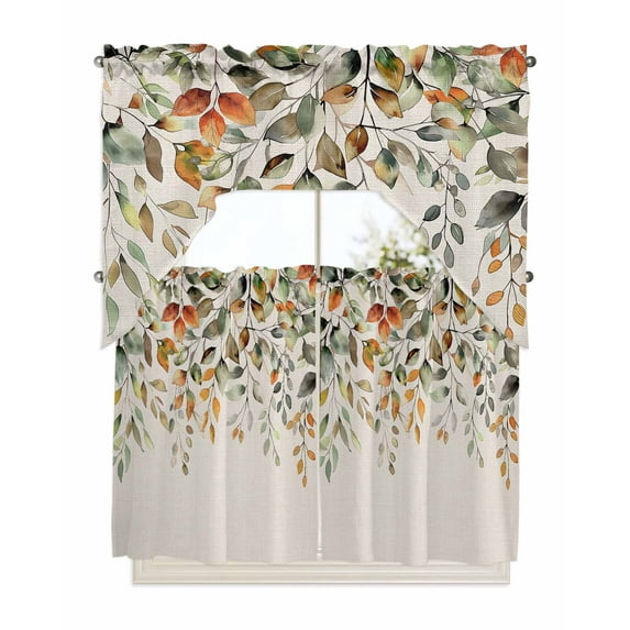 Orange Green Eucalyptus Leaves Swag Valance and Tier Curtains 36'' Length Set, Fall Botanical Rustic Light Filtering Kitchen Curtains, Tier Curtain Valances for Bathroom/Living Room/Bedroom/Café
