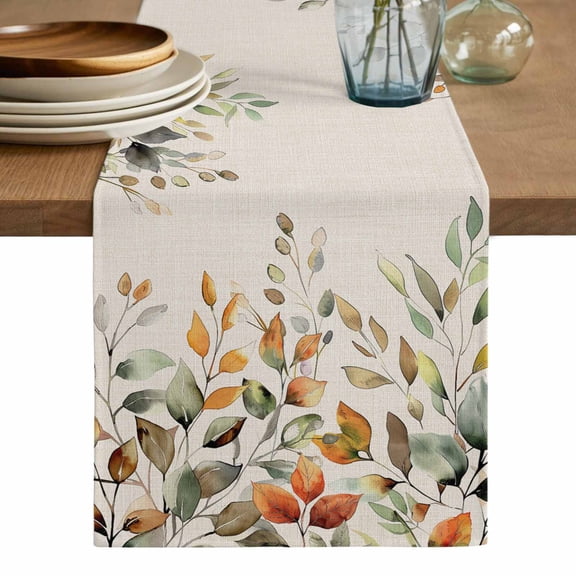 Orange Green Eucalyptus Leaves Table Runner, Fall Botanical Rustic Washable Cotton Linen Table Runners 36 Inches Long, Dresser Scarf Runner for Nightstand/End Tables/Round Tables 13''x36''