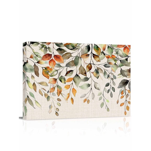 Orange Green Eucalyptus Leaves Wall Art for Living Room,Canvas Picture Wall Decor for Bathroom Bedroom,Fall Botanical Rustic Painting Artwork for Office Kitchen Hallway Dining Room Home Decor 12"x16"