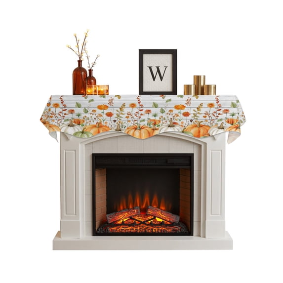 Orange Green Fall Fireplace Mantel Scarf Cover 70"Wx17"L,Fireplace Mantel Shelf Top Runner,Pumpkins Botanical Thanksgiving Vintage Mantle Dresser Scarves Table Runner for Holiday Party Living Room