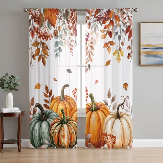 Orange Green Fall Sheer Curtains 96 Inch Length 2 Panels Set, Thanksgiving Pumpkins Botanical Autumn Voile Window Treatment Semi Sheer Long Curtains Drapes for Bedroom/Living Room/Kitchen 52"x96"x2