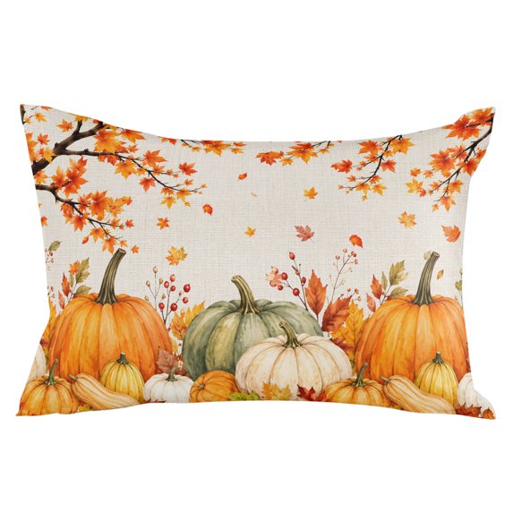 Orange Green Fall Throw Pillow 12x20 Inch, Thanksgiving Pumpkins Maple Leaf Rustic Waterproof Outdoor Pillow Covers with Insert, Decorative Pillowcase Cushion for Couch, Sofa, Bed, Patio, Garden
