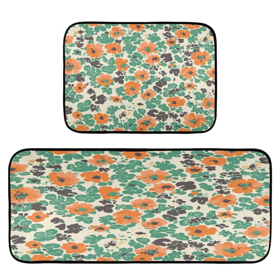 Orange Green Floral Print 2-Piece Kitchen Carpet Mat Set, Non-Slip Memory Foam, Soft for Kitchen and Living Room Use