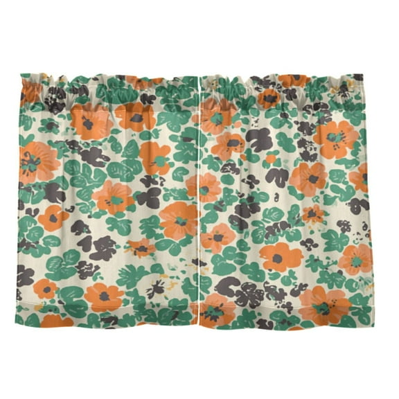 Orange Green Floral Print 27"x24" Linen Look Cafe Curtain Set with Privacy and UV Protection