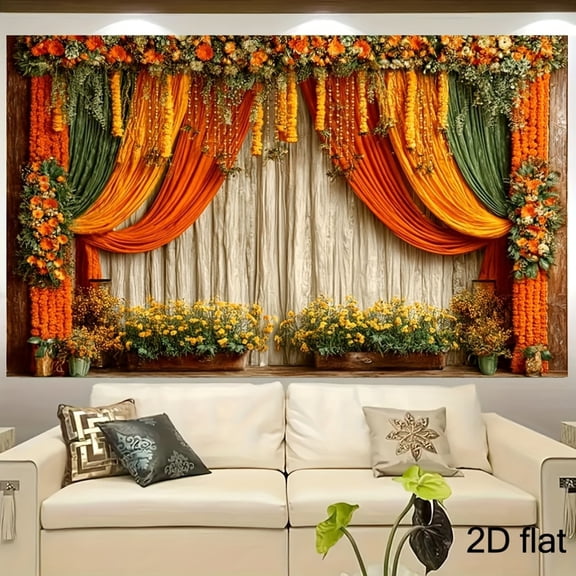 Orange Green Flowers Curtain Wedding Backdrop Retro Indian Style Curtain Happy Birthday Background Yellow Diwali Holi Festival Carnival Party Decorations Banner Supplies Photo Booth Props