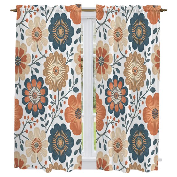 Orange Green Flowers Kitchen Curtains 63 Inch Length, Rustic Botanical Floral Leaves Tiers Curtains for Living Room Berdoom Bathroom, Light Filtering Drapes Window Treatment 2 Panels 42"Wx63"L