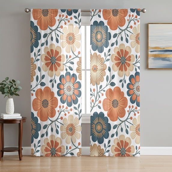 Orange Green Flowers Sheer Curtains 63 Inch Length 2 Panels Set, Rustic Botanical Floral Leaves Voile Window Treatment Rod Pocket Curtains Sheers Drapes for Bedroom/Living Room/Kitchen 52x"63"x2