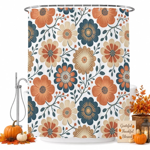 Orange Green Flowers Shower Curtain Set - Long 72" x 84" Washable Bathtub Curtain with 12 Hooks, Rustic Botanical Floral Leaves Waterproof Fabric Stall Shower Curtains for Bathroom/Bathtub Décor