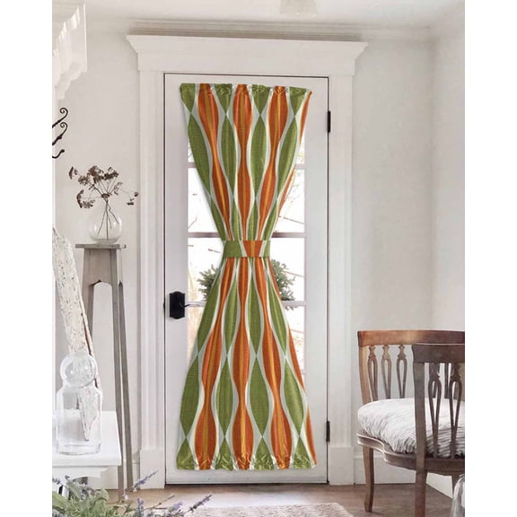 Orange Green Geometric Blackout Door Curtains for French, Glass,Front, Back, Patio Door, Abstract Moire Modern Vintage Thermal Insulated Rod Pocket Window Curtain Drapes With Tiebacks 25"x72"