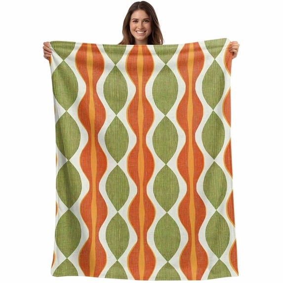Orange Green Geometric Blanket Soft Cozy Warm Twin Blanket for Bed, Plush Fuzzy Flannel Fleece Blankets for Sofa, Abstract Moire Modern Vintage Throw Blankets for Couch, Gifts for Men, 60"x80"