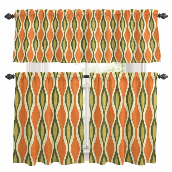 Orange Green Geometric Kitchen Curtains Sets for Windows 36 Inch Length, Abstract Moire Contemporary Rod Pocket Window Treatments Tier Curtains and Valances Set for Bedroom/Bathroom
