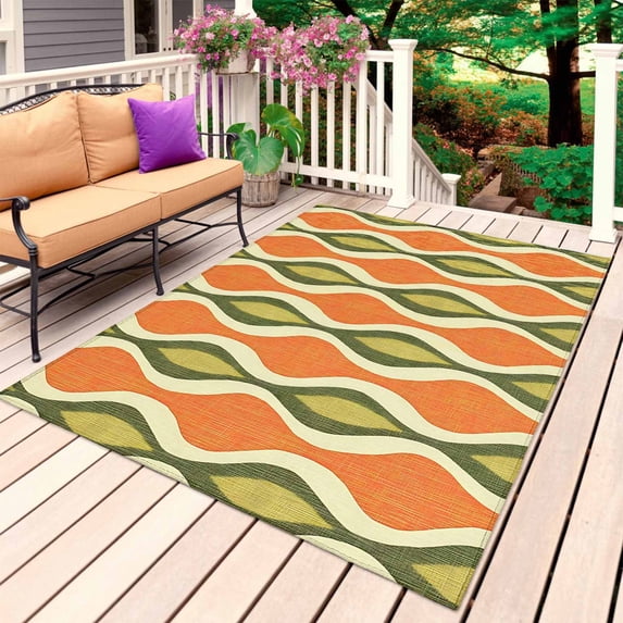 Orange Green Geometric Outdoor Rug 6x9 Ft, Non Slip Washable Area Rug, Abstract Moire Contemporary Patio Rugs Carpet Runner, Large Floor Mat for Indoor/Outdoor Deck Porch Camping