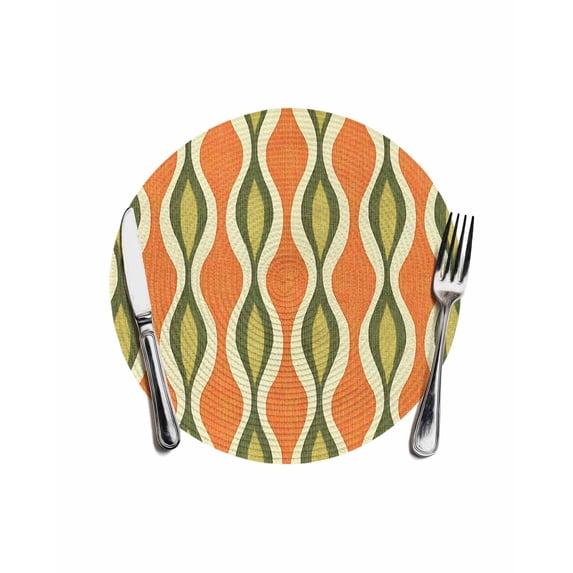 Orange Green Geometric Round Placemats for Dinning Tables,Heat-proof Braided Table Mats 13 Inch,Abstract Moire Contemporary Washable Place Mat for Kitchen Restaurant Party Decor Table Setting