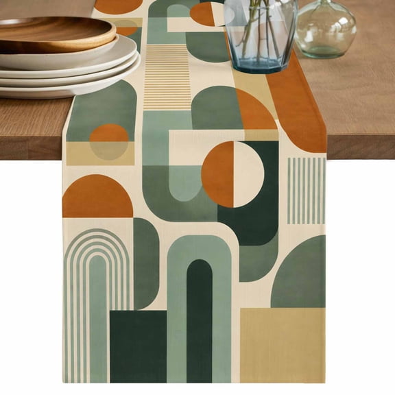 Orange Green Geometric Table Runner, Middle Century Abstract Boho Lines Washable Cotton Linen Table Runners 60 Inches Long, Dresser Scarf Runner for Coffee/TV Stands/Kitchen/Cabinets 13''x60''