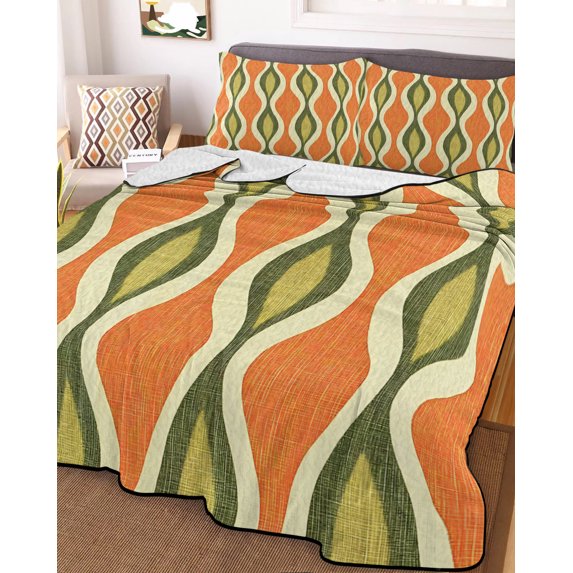 Orange Green Geometric Twin Size Down Alternative Comforter, Lightweight Comforter Quilt Bedding Set with Pillow Shams Abstract Moire Contemporary All Seasons Bed Comforter Duvet Insert 68"x86"