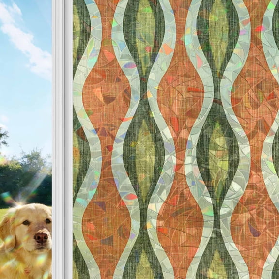 Orange Green Geometric Window Privacy Film Stain Glass,Reusable Decorative Rainbow Window Film,Abstract Moire Contemporary Static Cling Sun Blocking Stickers Decals Covers 17.7" x 39.3" (2pcs)