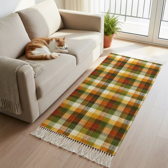 Orange Green Gingham Grid Boho Hallway Runner Rug 2x6ft, Kitchen Runner Rug Tassel Rugs, Vintage Boho Plaid Area Rugs Floor Carpet for Living Room Bedroom Entryway