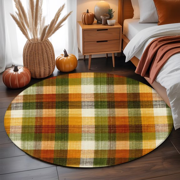 Orange Green Gingham Grid Round Area Rug 4ft,Living Room Rug Non-Slip Washable Circle Rugs Pad,Vintage Boho Plaid Soft Floor Carpet for Bedroom Dining Room