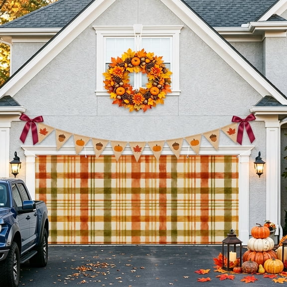 Orange Green Grid Garage Door Banner Covers, Minimalist Gingham Checkered Bands Stripe Large Hanging Indoor/Outdoor Backdrop Background for Christmas Winter Party Decor, 6.9x16ft