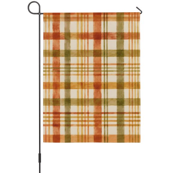 Orange Green Grid Garden Flag 12 x 18 Inches, Minimalist Gingham Checkered Bands Stripe Weather Proof Outdoor Patio Flags Double Sided Small Garden Decoration for Yard Outside Home