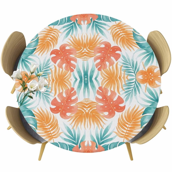 Orange Green Leaf Round Tablecloth 36-44 Inch Round Fitted Table Cloth with Elastic Edge, Summer Botanical Tropical Leaves Waterproof Table Cover Protector for Outdoor Picnic Party Dining