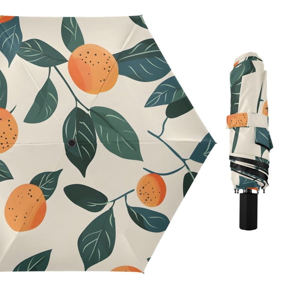 Orange Green Leaves Hand Painted All Weather Umbrella Triple Folding Parasol 6 Ribs UV Protection Portable