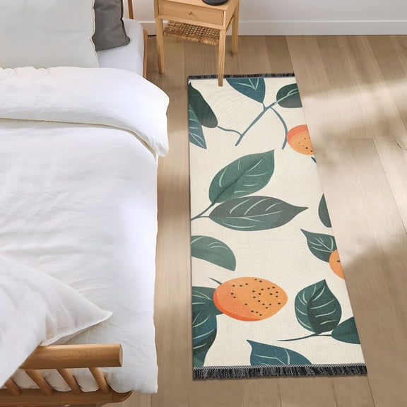 Orange Green Leaves Hand Painted Bedside Runner Rug 2'x 6' Non Slip Carpet Floor Mat Area Rug