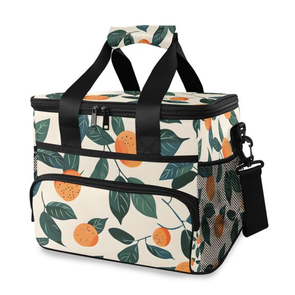 Orange Green Leaves Hand Painted Portable Cooler Lunch Box Reusable Insulated Lunch Bag Leakproof 15L