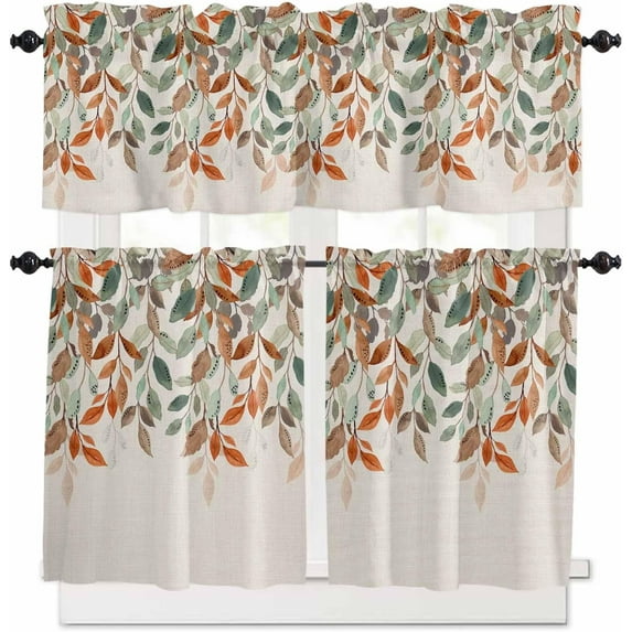 Orange Green Leaves Kitchen Curtains and Valances Set, Rod Pocket Curtains Tier Farmhouse Window Curtains 36 Inch Length, Fall Eucalyptus Leaf Retro Country 3 Piece Kitchen Curtains Set