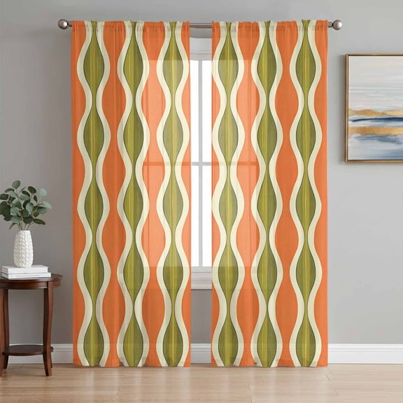 Orange Green Moire Sheer Curtains 84 Inch Length 2 Panels Set, Contemporary Geometric Abstract Voile Window Treatment Rod Pocket Curtains Sheers Drapes for Bedroom/Living Room/Kitchen 52"x84"x2