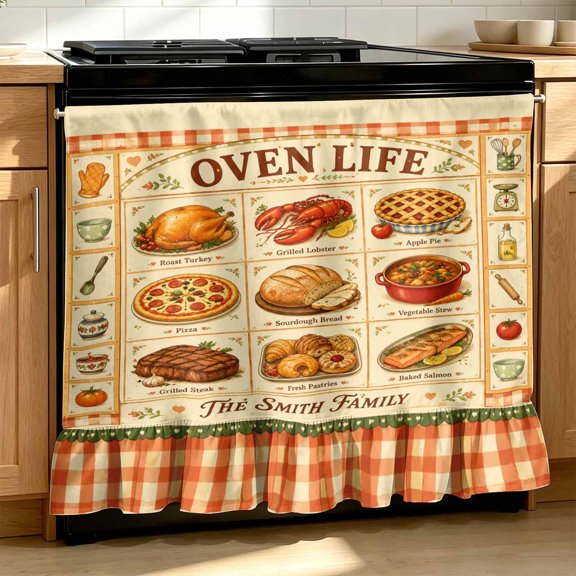 Orange Green Oven Curtain 30" x 25.2", Retro Menu Kitchen Oven Skirt Curtain, Cotton Blend Canvas Oven Door Cover with Food Grid and Gingham Ruffle