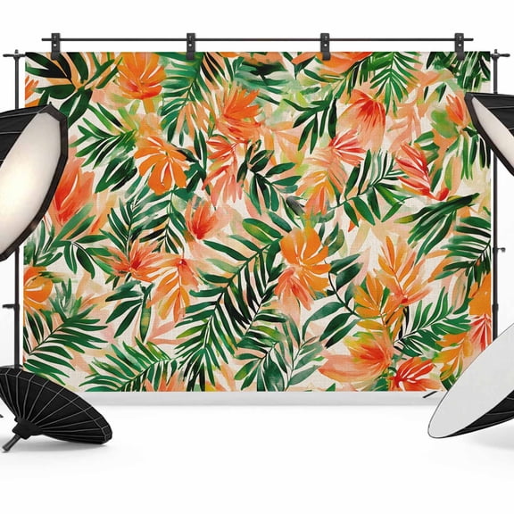 Orange Green Palm Leaves Backdrop for Photoshoot,Photography Photo Studio Background Wall Backdrop,Summer Tropical Floral Back Drop Banner Panel for Portraits Wedding Live Streaming Decor 10x8Ft