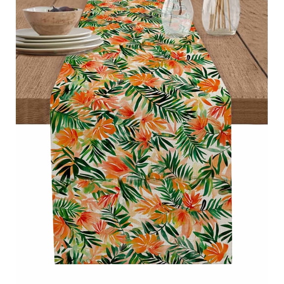 Orange Green Palm Leaves Burlap Cotton Table Runner 13x120 Inches Long, Summer Tropical Floral Farmhouse Table Runners, Outdoor Dining Tablecloths Decor for Baby Shower/Party/Wedding
