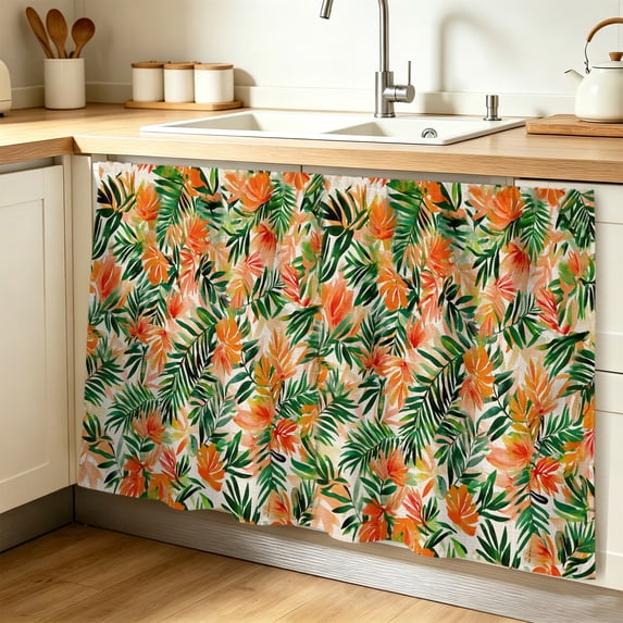 Orange Green Palm Leaves Cabinet Curtain 32"Wx55"L, Dustproof Pantry Door Curtain with Self Adhesive Tape, Summer Tropical Floral Tall Storage Cover Privacy Drape for Bathroom Kitchen Laundry Room