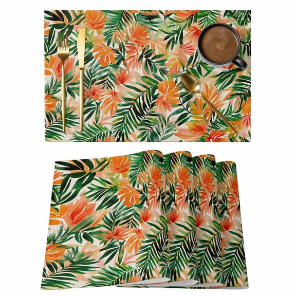 Orange Green Palm Leaves Placemats Set of 4, Cotton Linen Fabric Place Mats, Summer Tropical Floral Washable Decorative Table Mats Protector for Home Kitchen Dining Wedding Party Coffee Tables